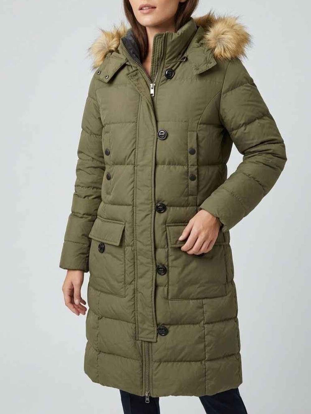 Olive Long Puffer Parka with Faux Fur Hood